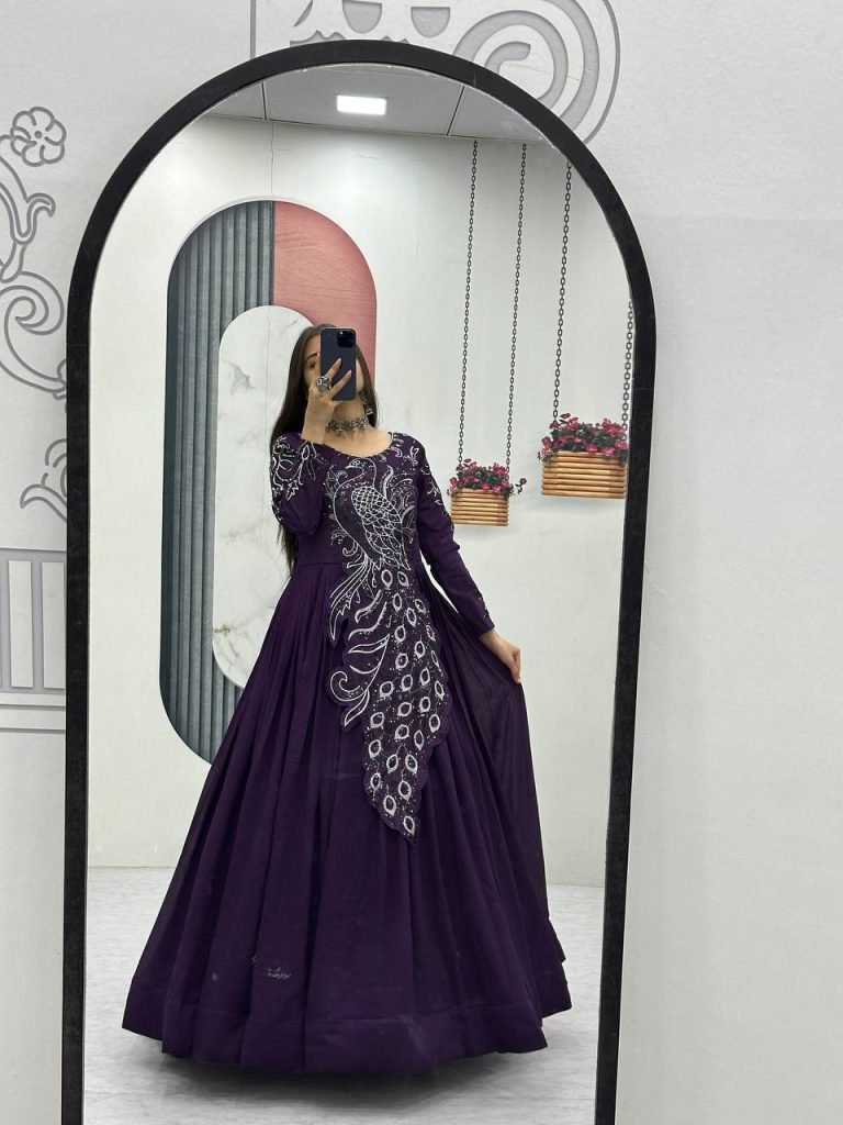 Teal Purple Vichitra Silk Heavy Embroidery Sequence Work Gown