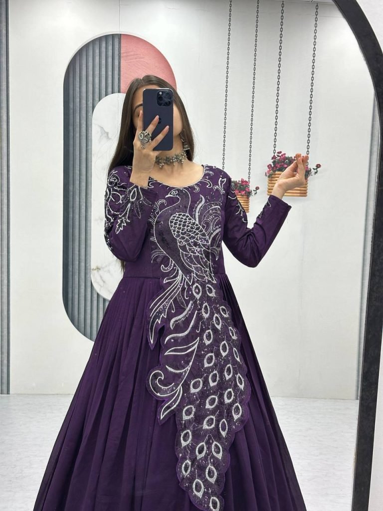 Teal Purple Vichitra Silk Heavy Embroidery Sequence Work Gown