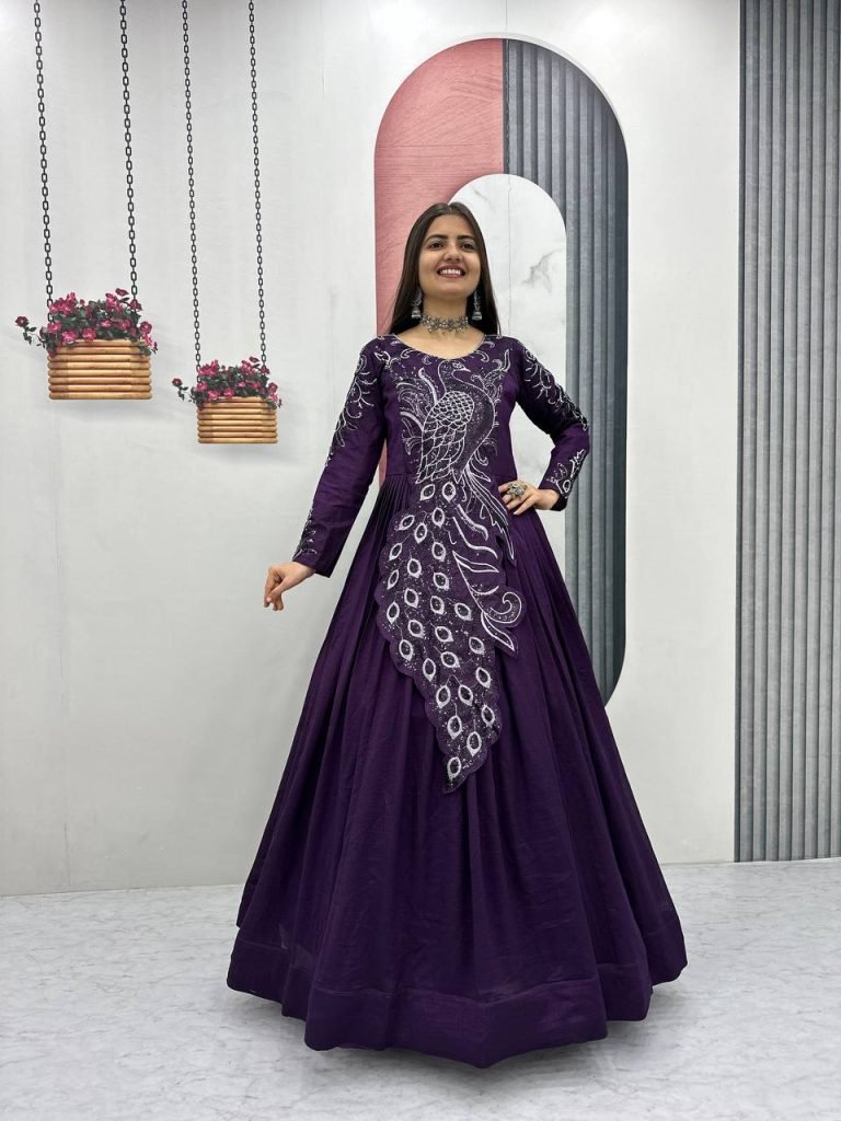 Teal Purple Vichitra Silk Heavy Embroidery Sequence Work Gown