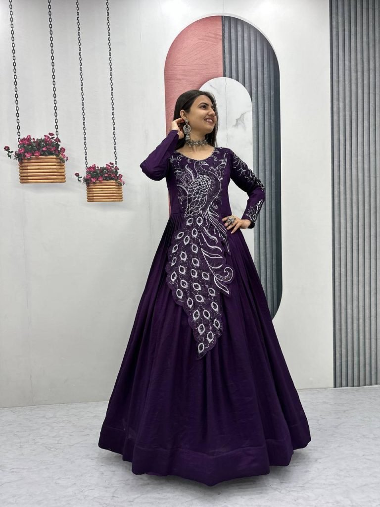 Teal Purple Vichitra Silk Heavy Embroidery Sequence Work Gown