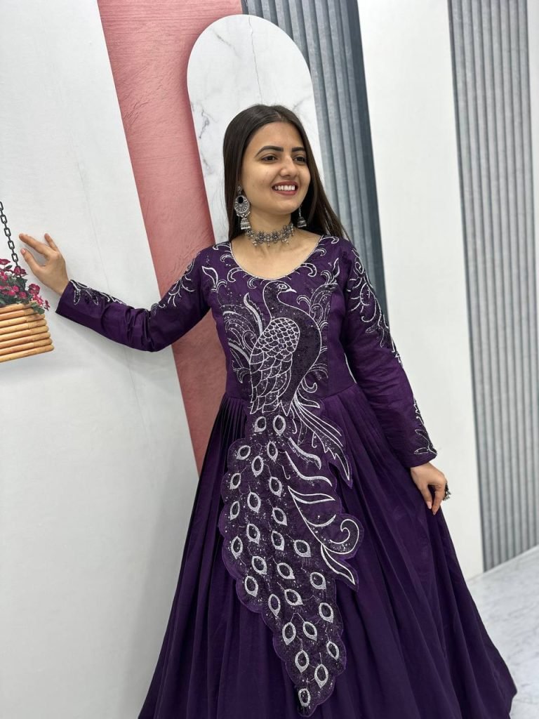 Teal Purple Vichitra Silk Heavy Embroidery Sequence Work Gown