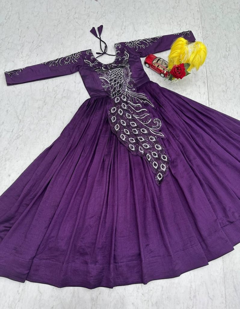 Teal Purple Vichitra Silk Heavy Embroidery Sequence Work Gown