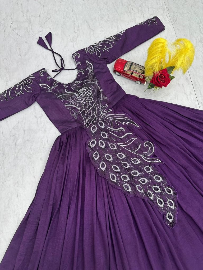 Teal Purple Vichitra Silk Heavy Embroidery Sequence Work Gown