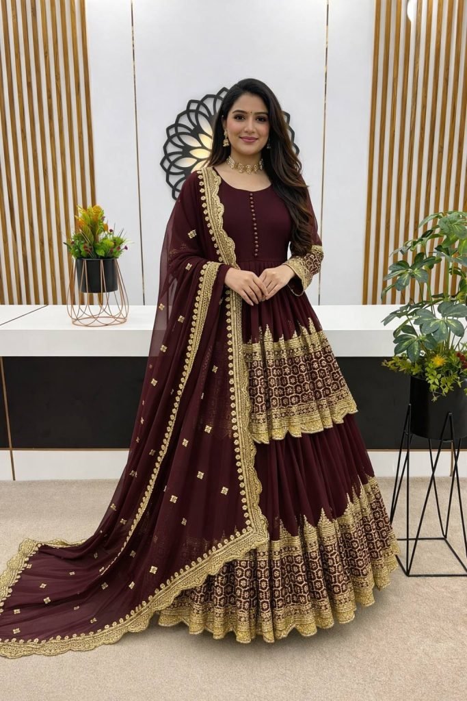 Maroon Faux Georgette Heavy Embroidery Sequence Work Top with Semi-Stitched Lehenga and Dupatta