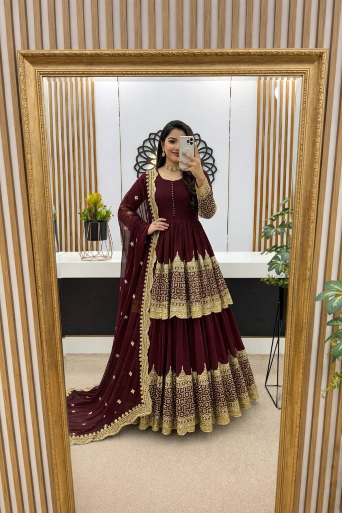 Maroon Faux Georgette Heavy Embroidery Sequence Work Top with Semi-Stitched Lehenga and Dupatta
