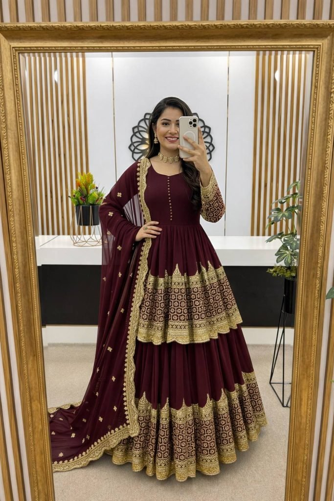 Maroon Faux Georgette Heavy Embroidery Sequence Work Top with Semi-Stitched Lehenga and Dupatta