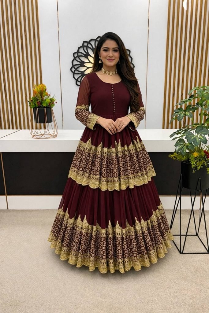 Maroon Faux Georgette Heavy Embroidery Sequence Work Top with Semi-Stitched Lehenga and Dupatta