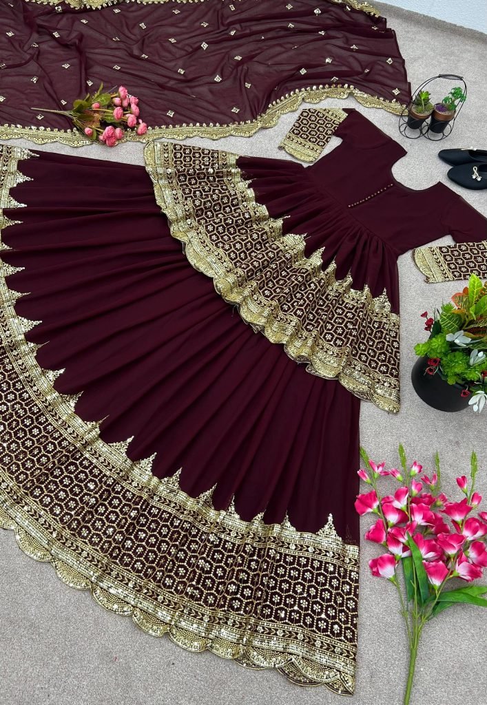 Maroon Faux Georgette Heavy Embroidery Sequence Work Top with Semi-Stitched Lehenga and Dupatta