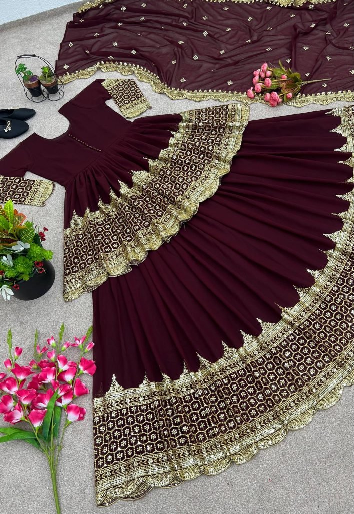 Maroon Faux Georgette Heavy Embroidery Sequence Work Top with Semi-Stitched Lehenga and Dupatta