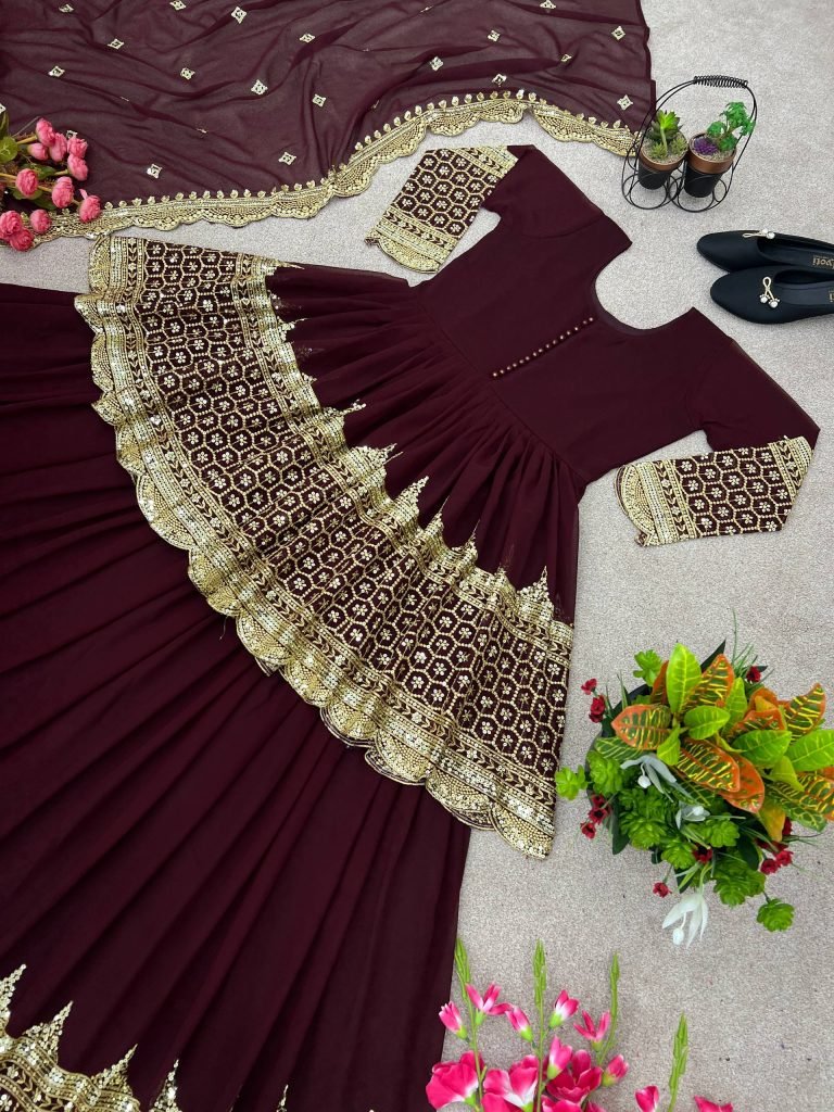 Maroon Faux Georgette Heavy Embroidery Sequence Work Top with Semi-Stitched Lehenga and Dupatta