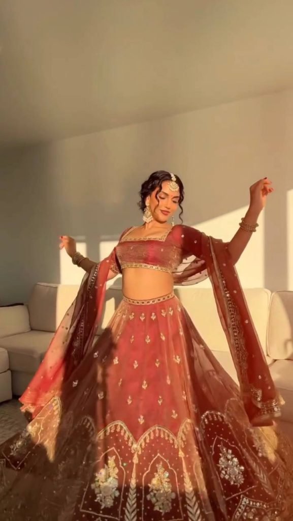Antique Orange Krishma Silk Thread and Sequence Work Lehenga Set with Cancan and Unstitched Blouse