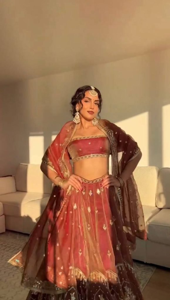 Antique Orange Krishma Silk Thread and Sequence Work Lehenga Set with Cancan and Unstitched Blouse