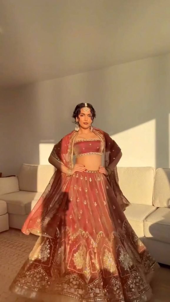 Antique Orange Krishma Silk Thread and Sequence Work Lehenga Set with Cancan and Unstitched Blouse