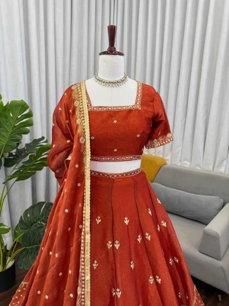 Antique Orange Krishma Silk Thread and Sequence Work Lehenga Set with Cancan and Unstitched Blouse