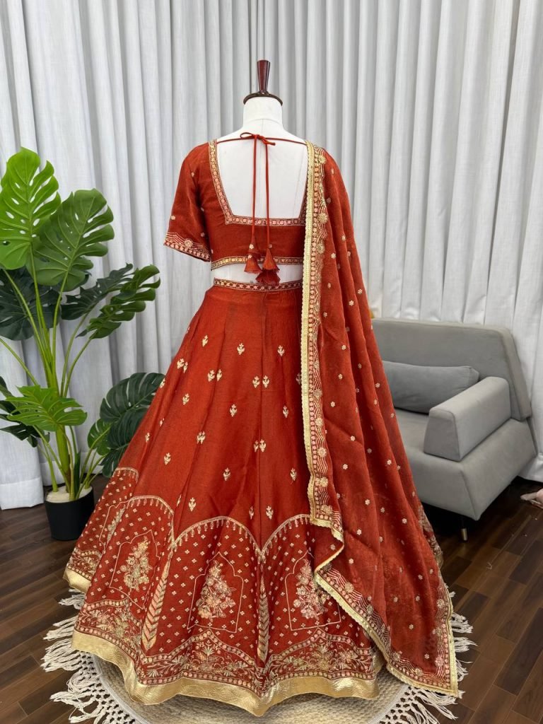 Antique Orange Krishma Silk Thread and Sequence Work Lehenga Set with Cancan and Unstitched Blouse