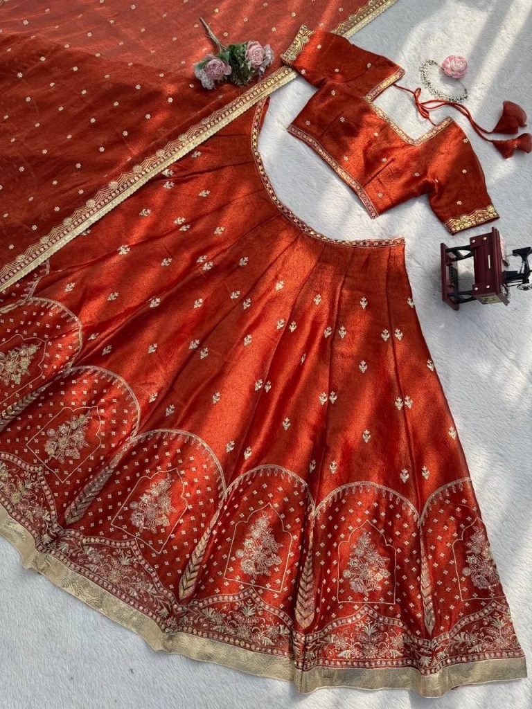 Antique Orange Krishma Silk Thread and Sequence Work Lehenga Set with Cancan and Unstitched Blouse