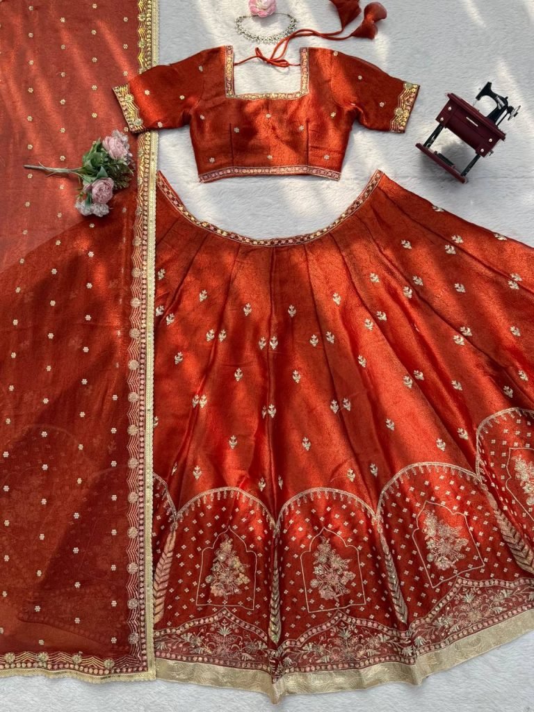 Antique Orange Krishma Silk Thread and Sequence Work Lehenga Set with Cancan and Unstitched Blouse