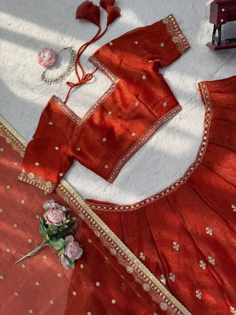 Antique Orange Krishma Silk Thread and Sequence Work Lehenga Set with Cancan and Unstitched Blouse