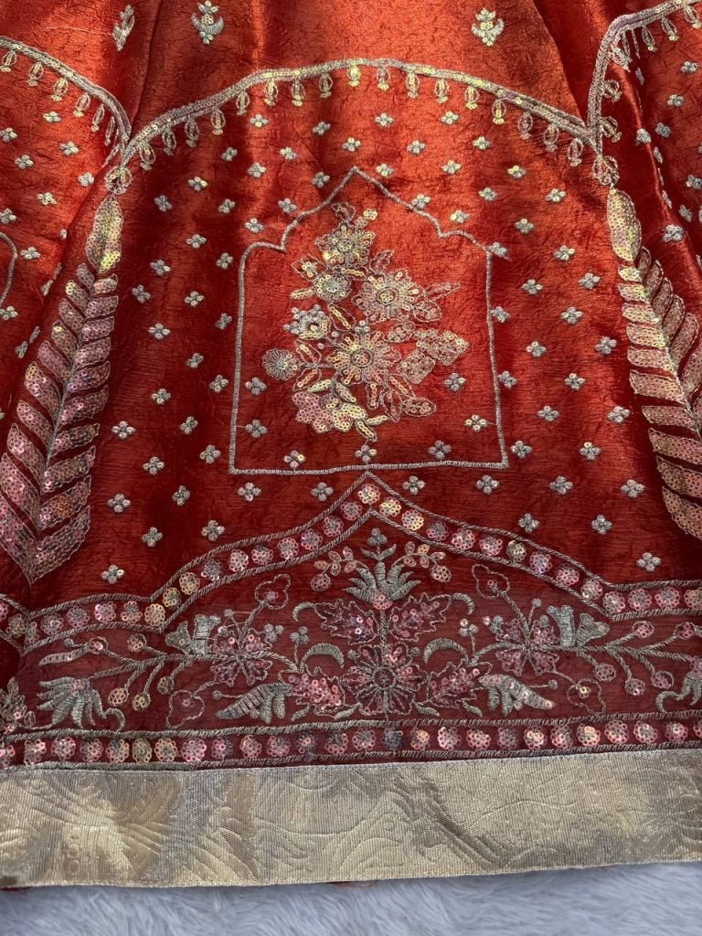 Antique Orange Krishma Silk Thread and Sequence Work Lehenga Set with Cancan and Unstitched Blouse