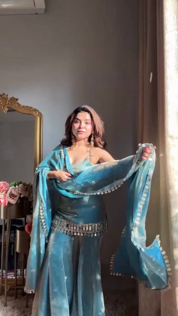 Ocean Breeze Fendy Silk Thread, Sequence and Real Mirror Work Top with Palazzo and Four-Side Lace Border Dupatta
