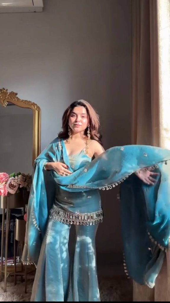 Ocean Breeze Fendy Silk Thread, Sequence and Real Mirror Work Top with Palazzo and Four-Side Lace Border Dupatta