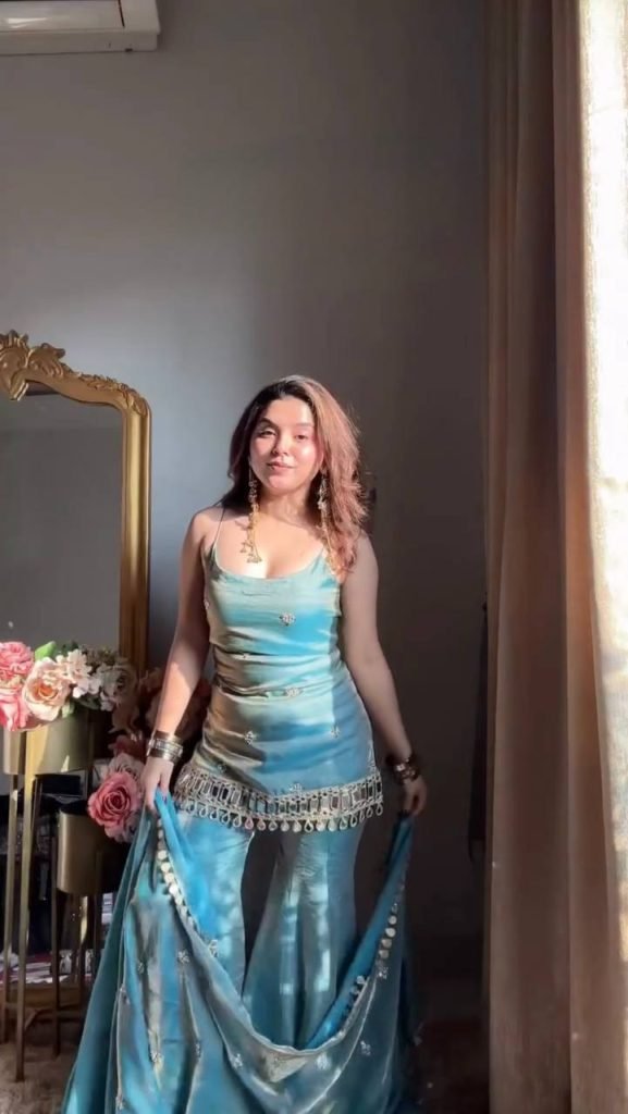 Ocean Breeze Fendy Silk Thread, Sequence and Real Mirror Work Top with Palazzo and Four-Side Lace Border Dupatta