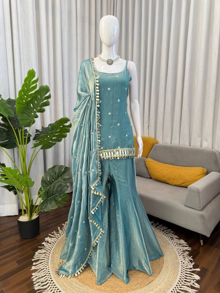 Ocean Breeze Fendy Silk Thread, Sequence and Real Mirror Work Top with Palazzo and Four-Side Lace Border Dupatta