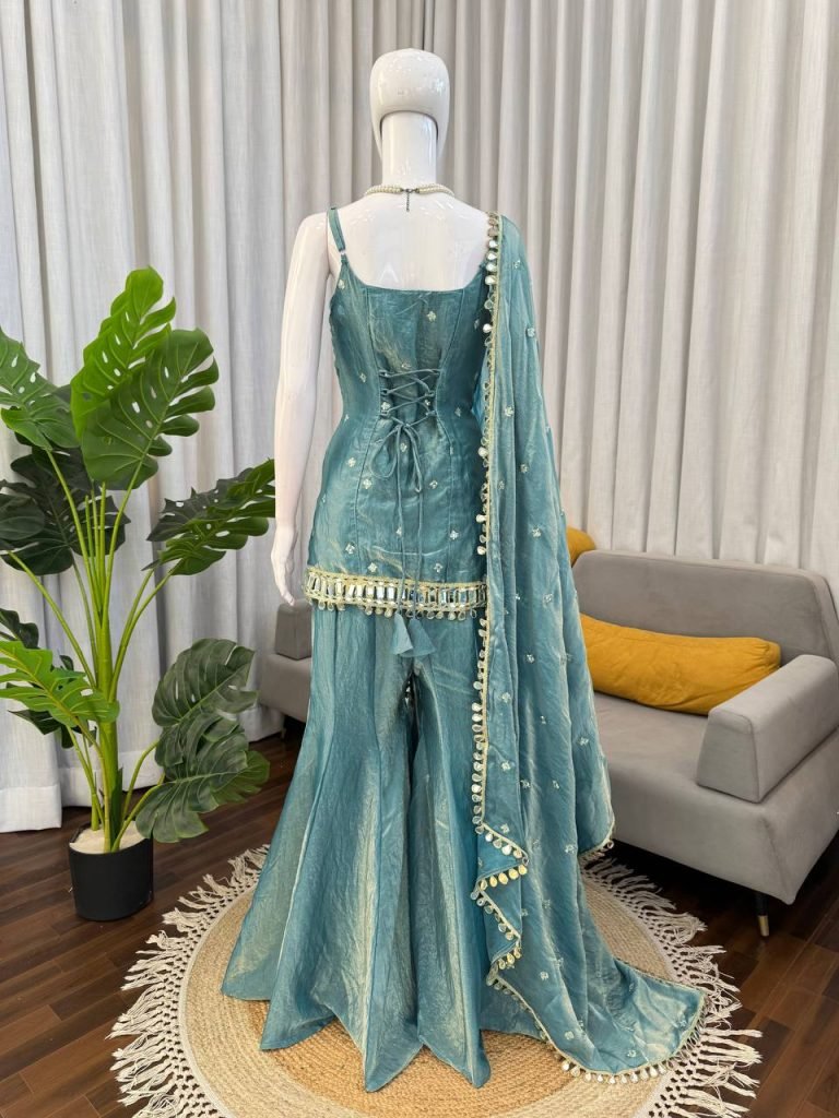 Ocean Breeze Fendy Silk Thread, Sequence and Real Mirror Work Top with Palazzo and Four-Side Lace Border Dupatta