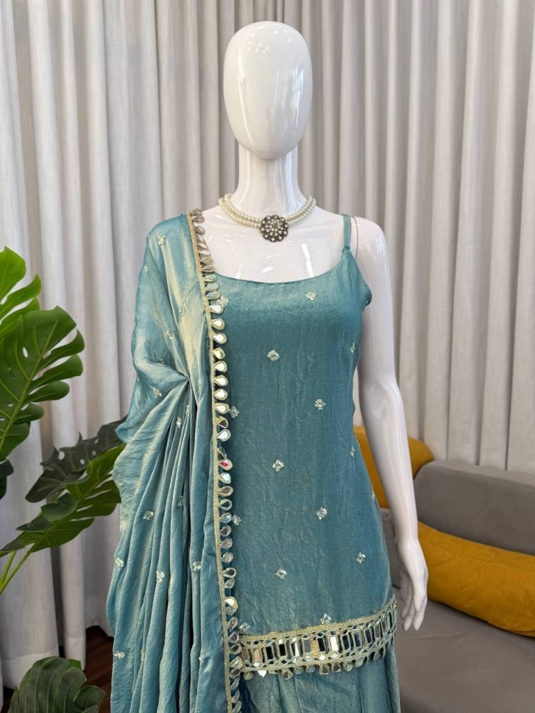 Ocean Breeze Fendy Silk Thread, Sequence and Real Mirror Work Top with Palazzo and Four-Side Lace Border Dupatta