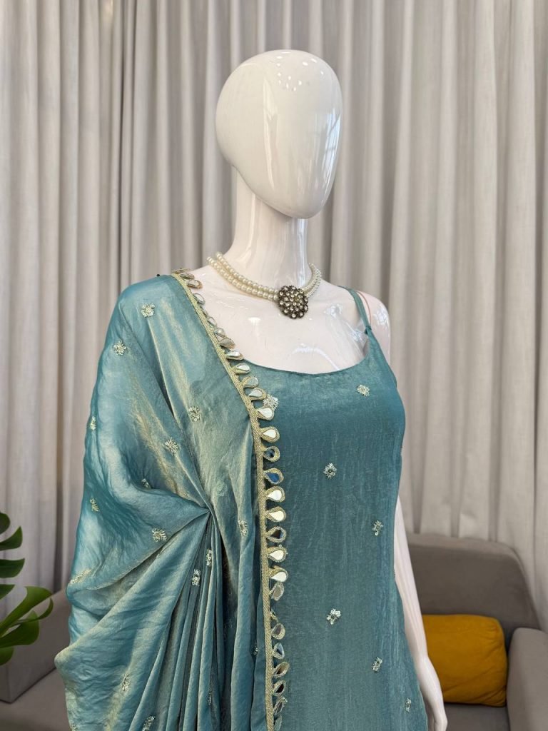 Ocean Breeze Fendy Silk Thread, Sequence and Real Mirror Work Top with Palazzo and Four-Side Lace Border Dupatta