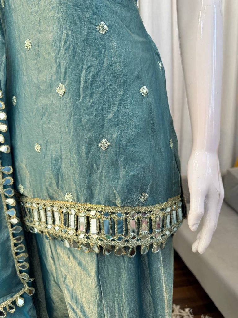 Ocean Breeze Fendy Silk Thread, Sequence and Real Mirror Work Top with Palazzo and Four-Side Lace Border Dupatta