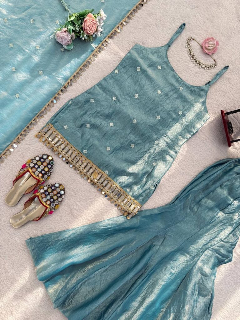 Ocean Breeze Fendy Silk Thread, Sequence and Real Mirror Work Top with Palazzo and Four-Side Lace Border Dupatta