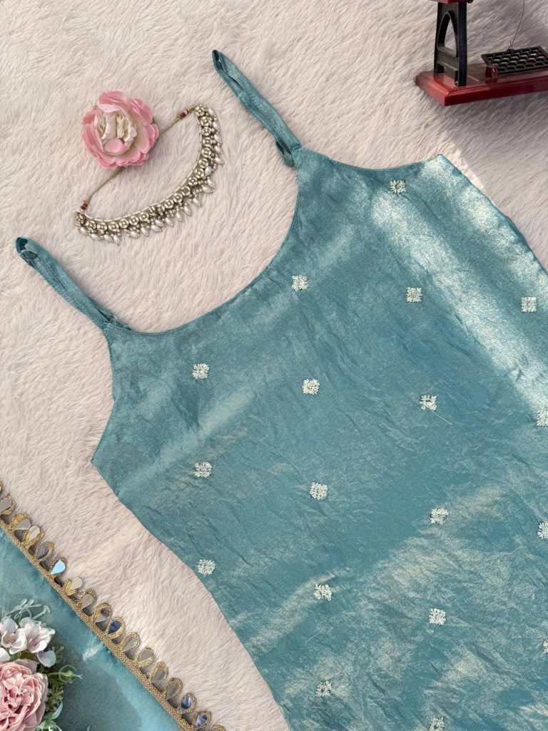 Ocean Breeze Fendy Silk Thread, Sequence and Real Mirror Work Top with Palazzo and Four-Side Lace Border Dupatta