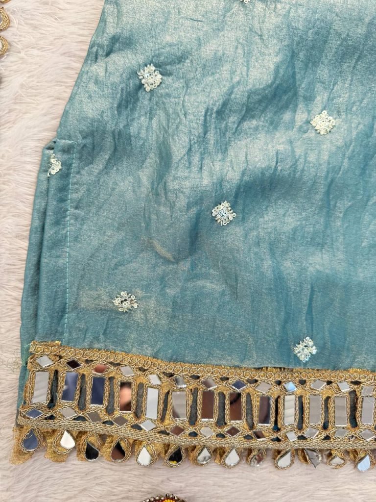 Ocean Breeze Fendy Silk Thread, Sequence and Real Mirror Work Top with Palazzo and Four-Side Lace Border Dupatta