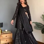 Black Faux Georgette Thread and Sequence Work Choli with Sharara and Dupatta