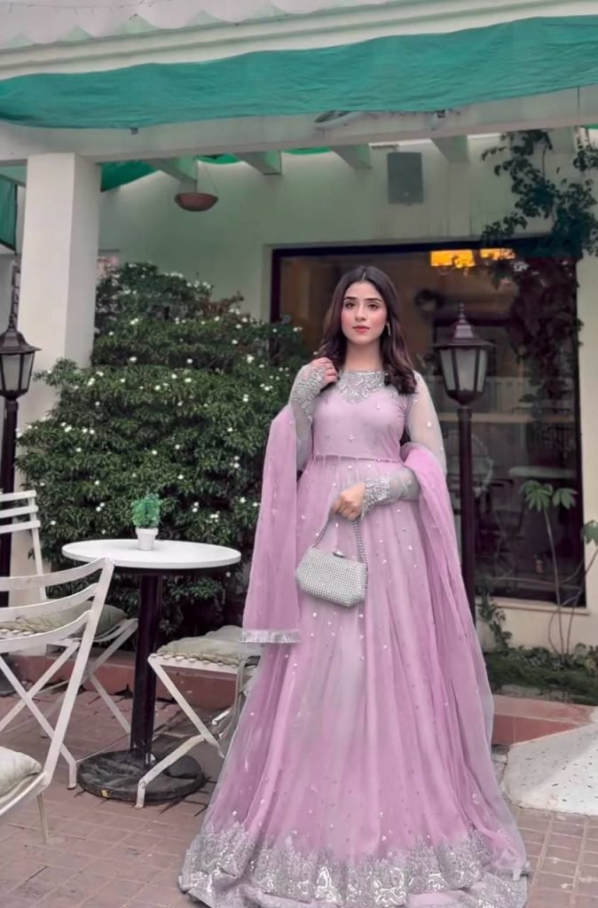 Light Pink Faux Georgette Thread and Sequence Work Gown with Lehenga Set