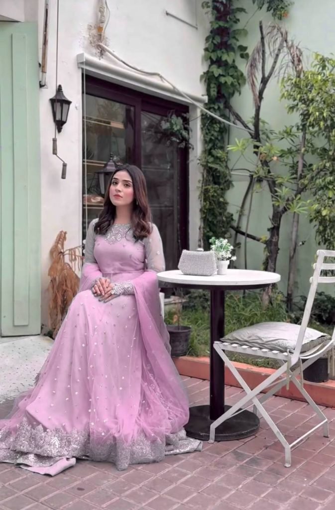 Light Pink Faux Georgette Thread and Sequence Work Gown with Lehenga Set