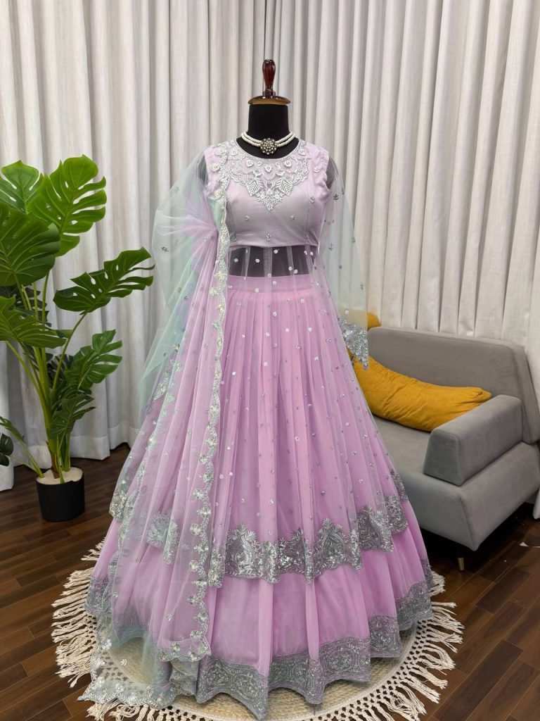 Light Pink Faux Georgette Thread and Sequence Work Gown with Lehenga Set