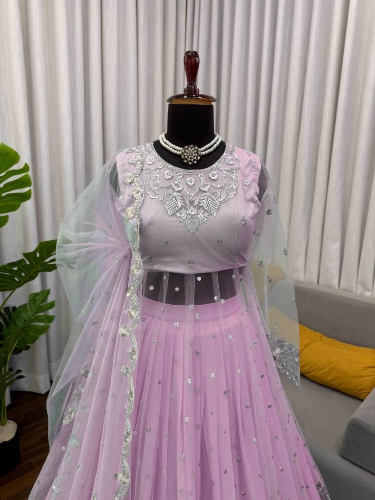 Light Pink Faux Georgette Thread and Sequence Work Gown with Lehenga Set