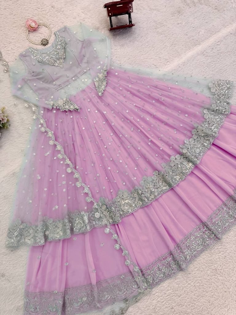 Light Pink Faux Georgette Thread and Sequence Work Gown with Lehenga Set