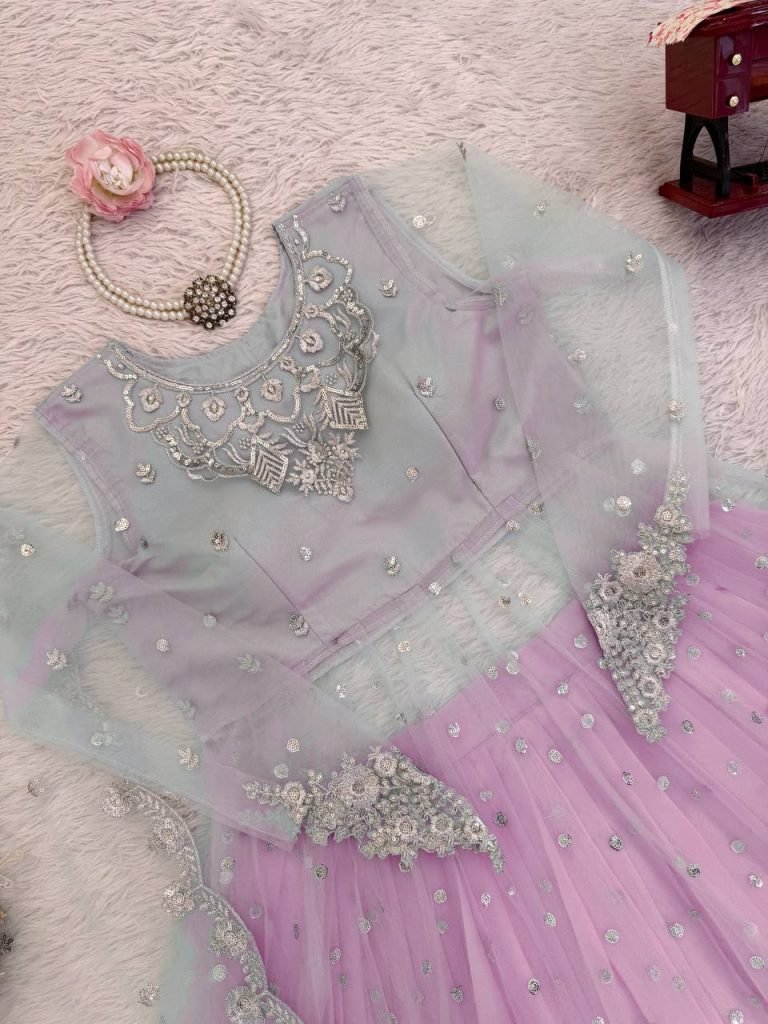 Light Pink Faux Georgette Thread and Sequence Work Gown with Lehenga Set