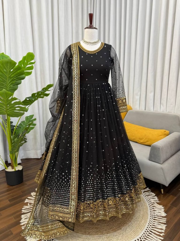 Black Soft Butterfly Net Thread and Sequence Work Anarkali Suit with Pant and Dupatta