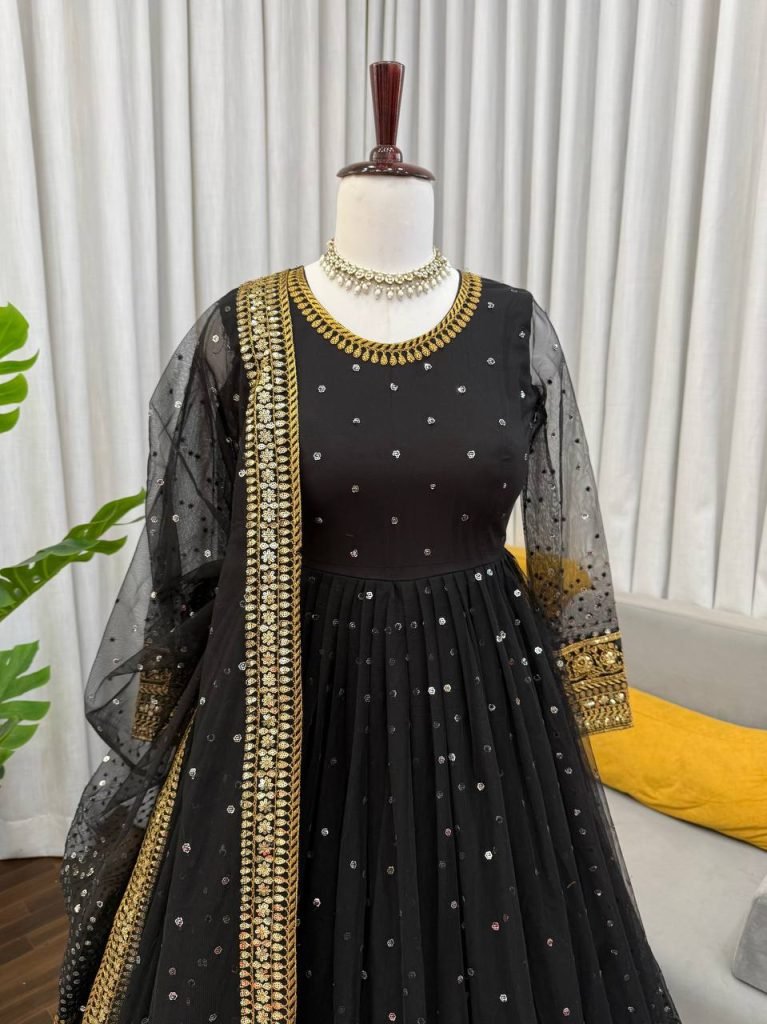 Black Soft Butterfly Net Thread and Sequence Work Anarkali Suit with Pant and Dupatta
