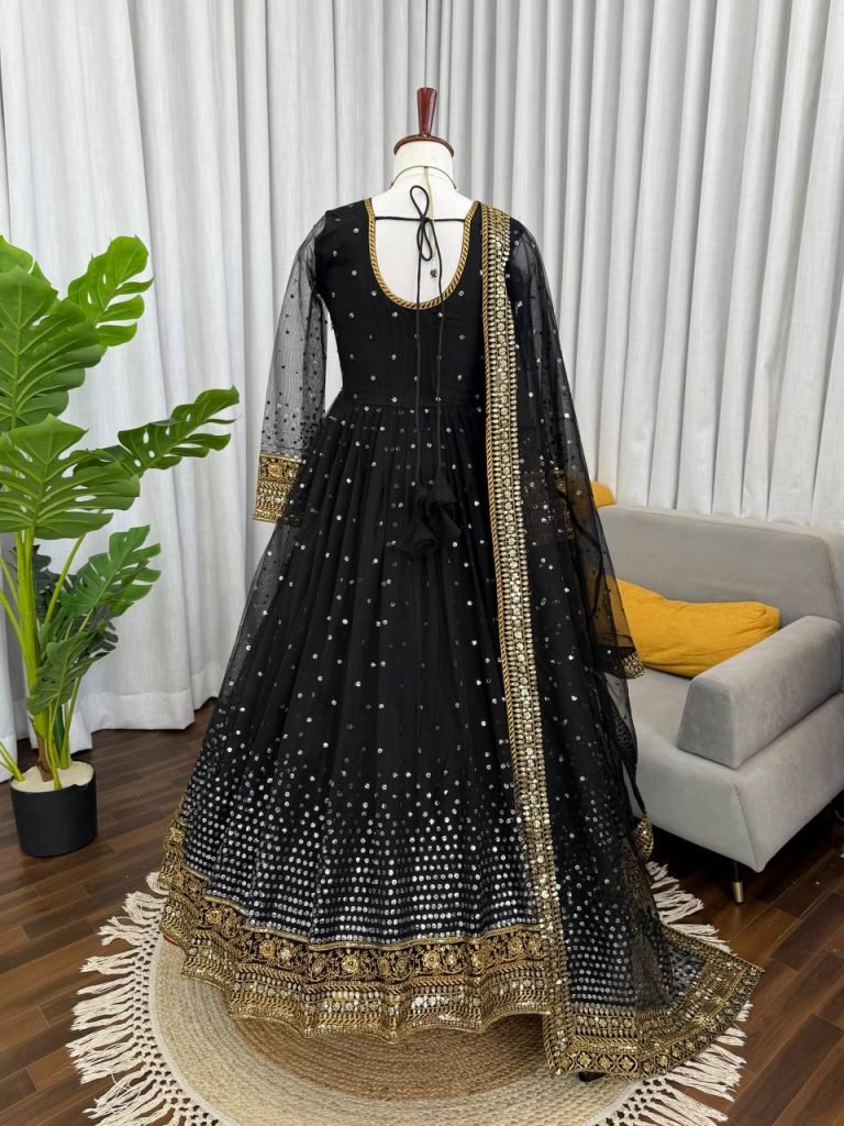 Black Soft Butterfly Net Thread and Sequence Work Anarkali Suit with Pant and Dupatta