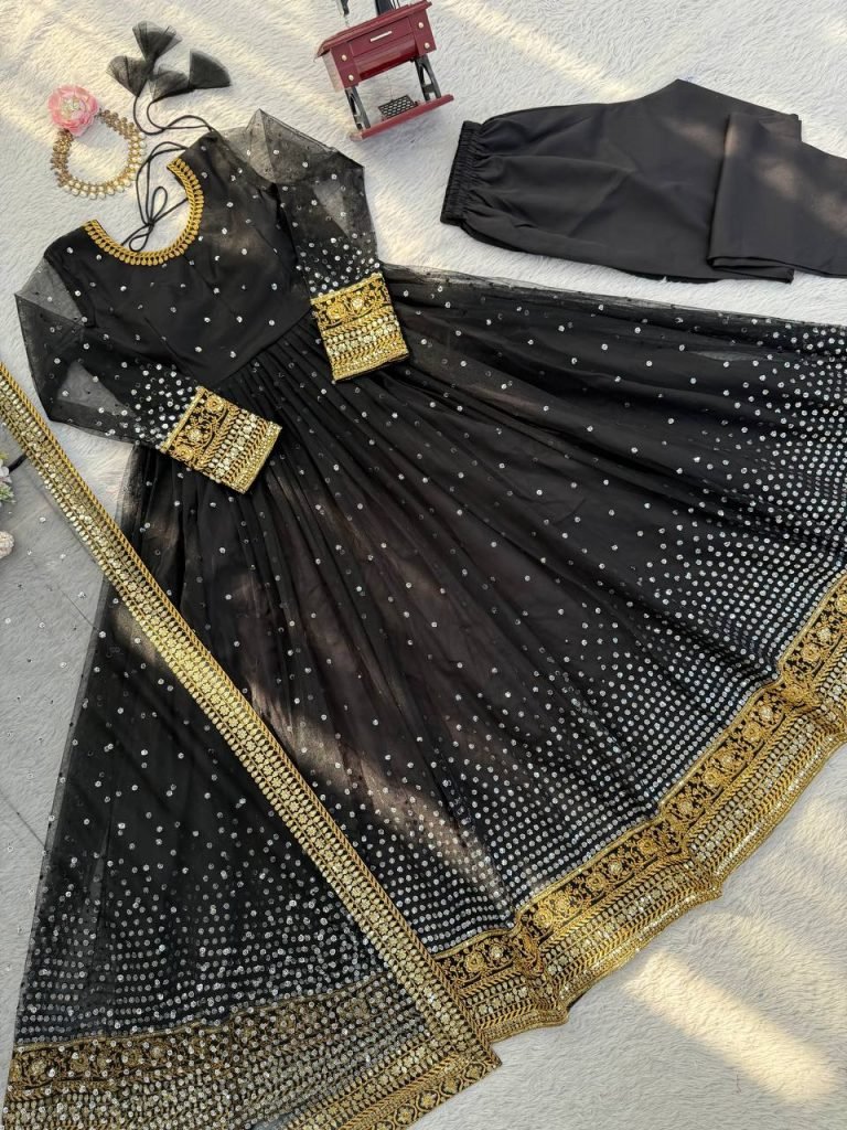 Black Soft Butterfly Net Thread and Sequence Work Anarkali Suit with Pant and Dupatta