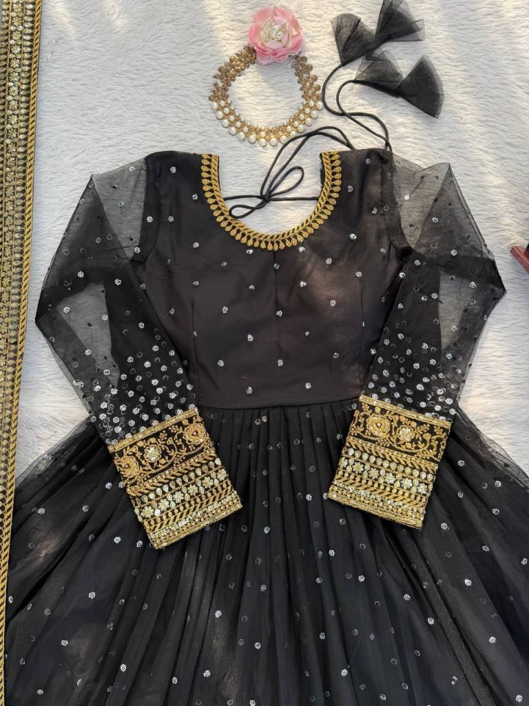 Black Soft Butterfly Net Thread and Sequence Work Anarkali Suit with Pant and Dupatta