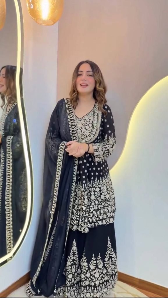 Black Faux Georgette Sequence Work Top with Lehenga and Butterfly Net Dupatta Set