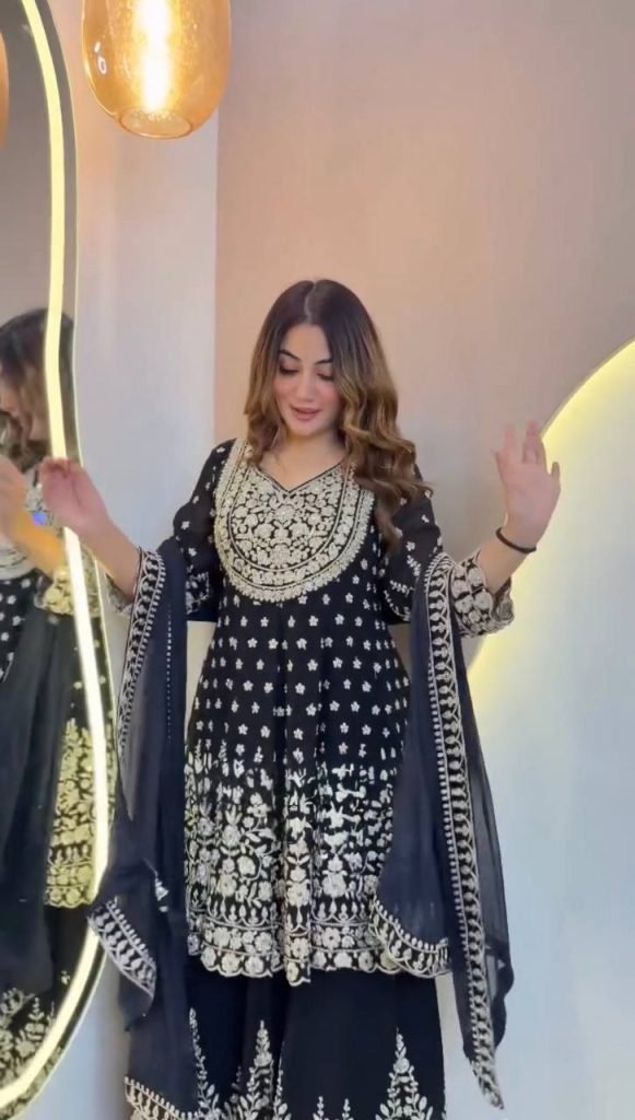 Black Faux Georgette Sequence Work Top with Lehenga and Butterfly Net Dupatta Set