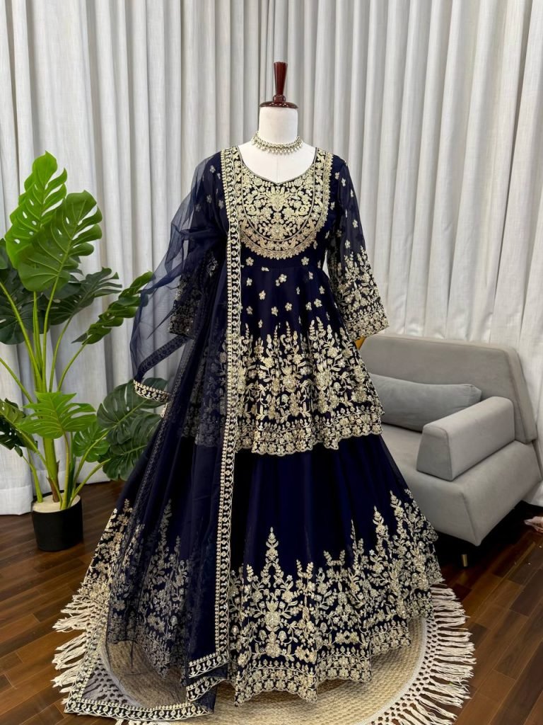 Black Faux Georgette Sequence Work Top with Lehenga and Butterfly Net Dupatta Set