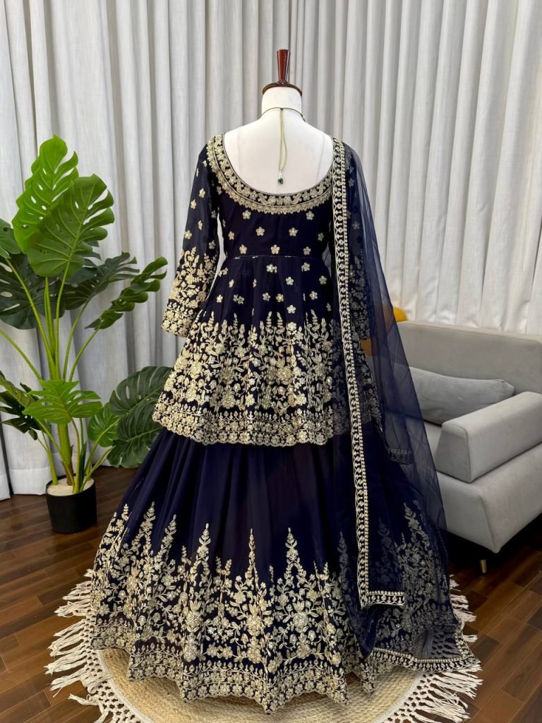 Black Faux Georgette Sequence Work Top with Lehenga and Butterfly Net Dupatta Set